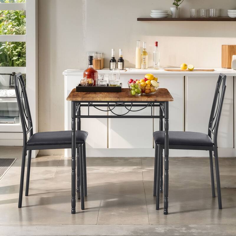 VECELO Industrial 3-Piece Space-Saving Square Dining Set MDF Table with Black PU Leather Dining Chairs Small Spaces