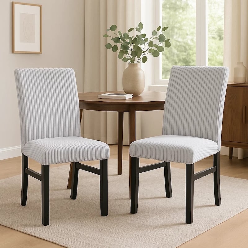 Ticy Dining Chair Set of 2, Light Gray Padded Seat, Black Wood Legs