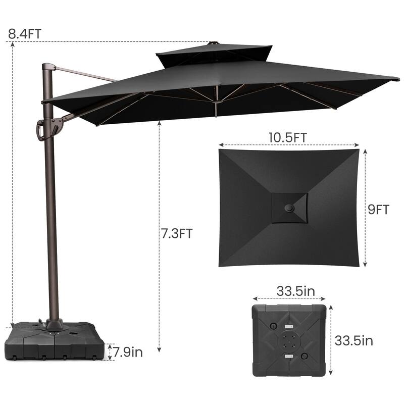 10.5 ft. x 9 ft. Double top 360-Degree Rotation Cantilever Patio Umbrella with Base