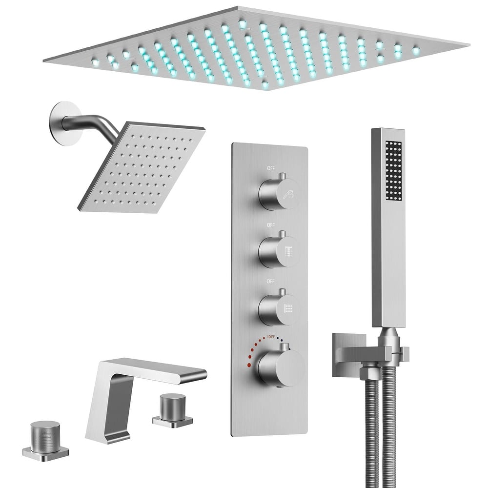 GRANDJOY LED 12" Rainfall Shower System Dual Shower Heads with 2-Handle Bathroom Sink Faucets Combo Set