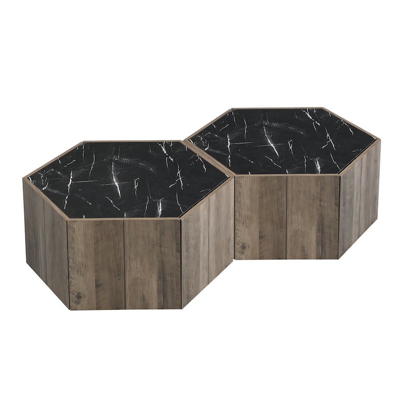 Hexagonal Rustic Retro Wood Coffee Table, with 2 Hidden Drawers, Textured White Marble Tops,Walunt Oak Finish - Perfect