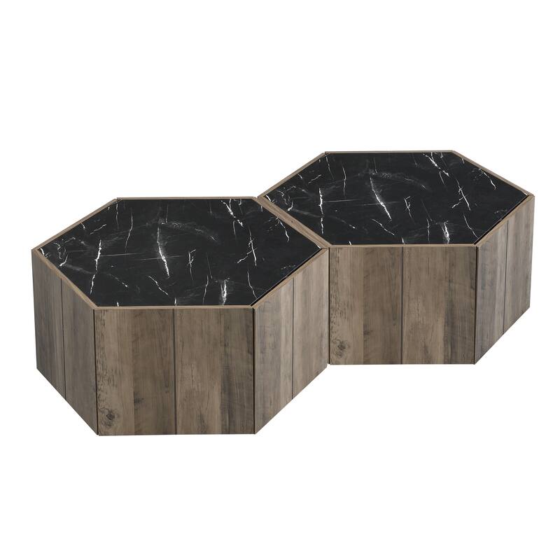 Roomfitters Hexagonal Retro Coffee Table with 2 Hidden Storage Nooks, Black Marble Pattern Top