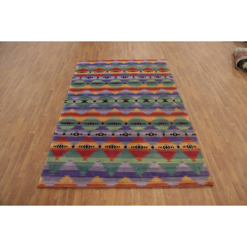 Hand-knotted Tribal Wool Purples Geometric Oriental Area Rug - 9' 2'' X 6' 1''