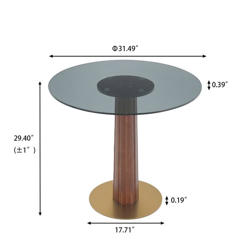 Modern Round Dining Table, 33.5" Tempered Glass Table with Wooden Leg & Gold Base, 2 - Person Kitchen Table for Small Space