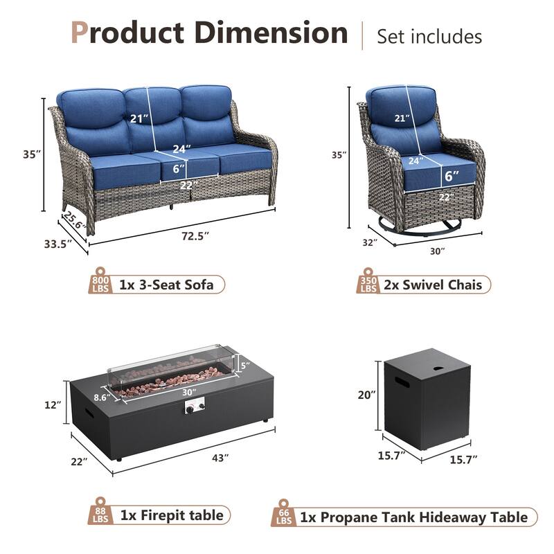 Pocassy 43" Fire Pit w/ Outdoor Sofa Swivel Chair Ottoman Set