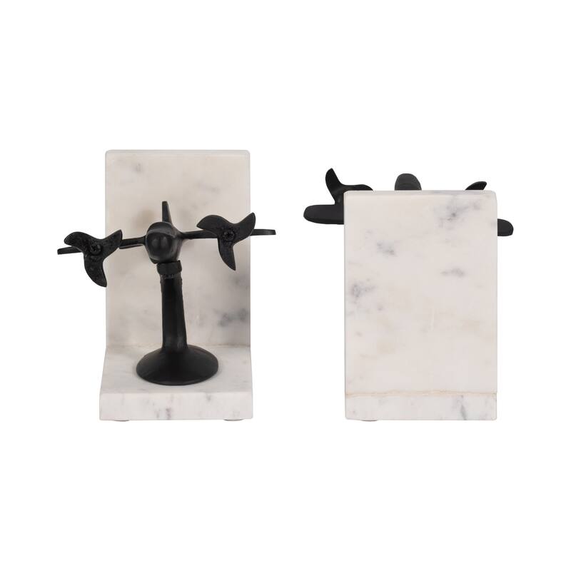 Decorative Airplane Bookends on Marble L-Shape Base - 6", Black &White - 6.25"