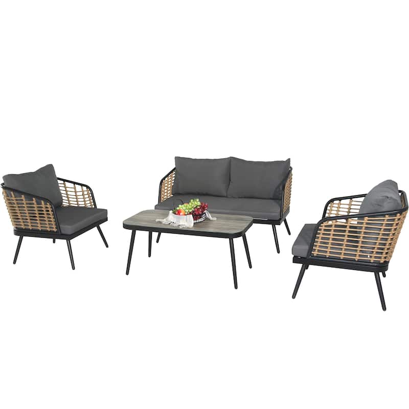 4 Pieces Patio Furniture Set, PE Rattan Wicker 4 Pcs Outdoor Sofa Set w/Washable Cushion