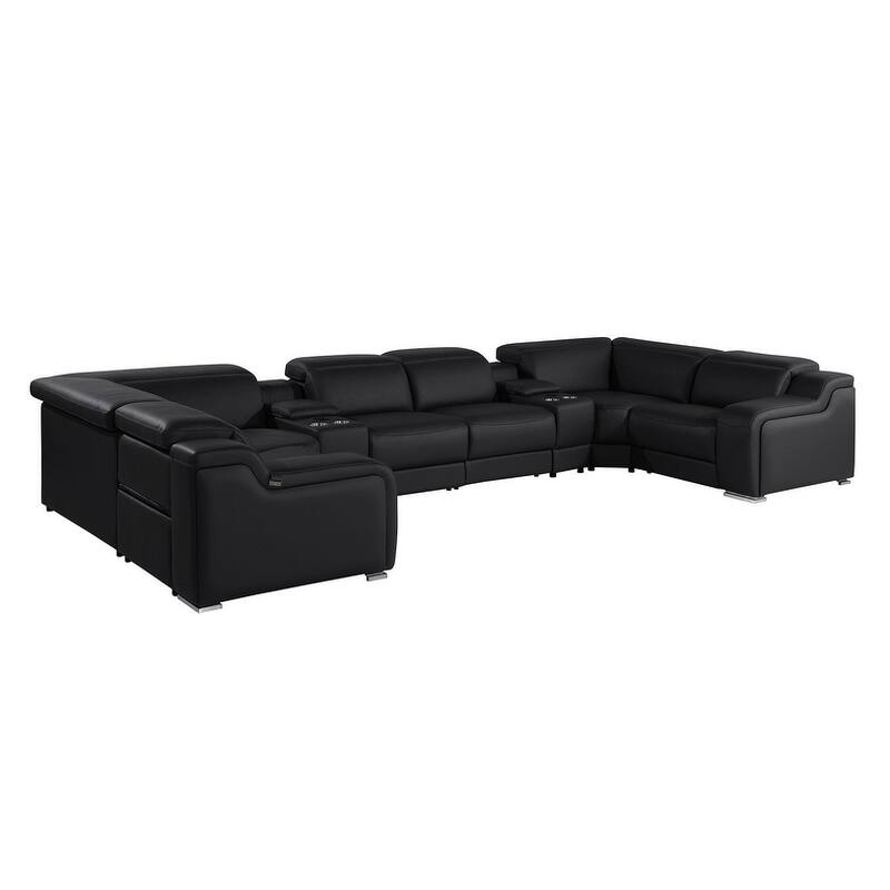 HomeRoots Black Italian Leather Power Reclining U Shaped Eight Piece Corner Sectional With Console