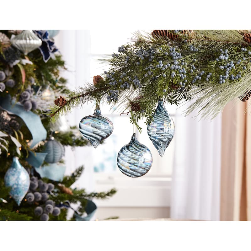 Blue Glass Iridescent Swirl Ornaments Set of 12 Ball and Onion Holiday Decor - 3” x 3” x 3.75” (L x W x H)