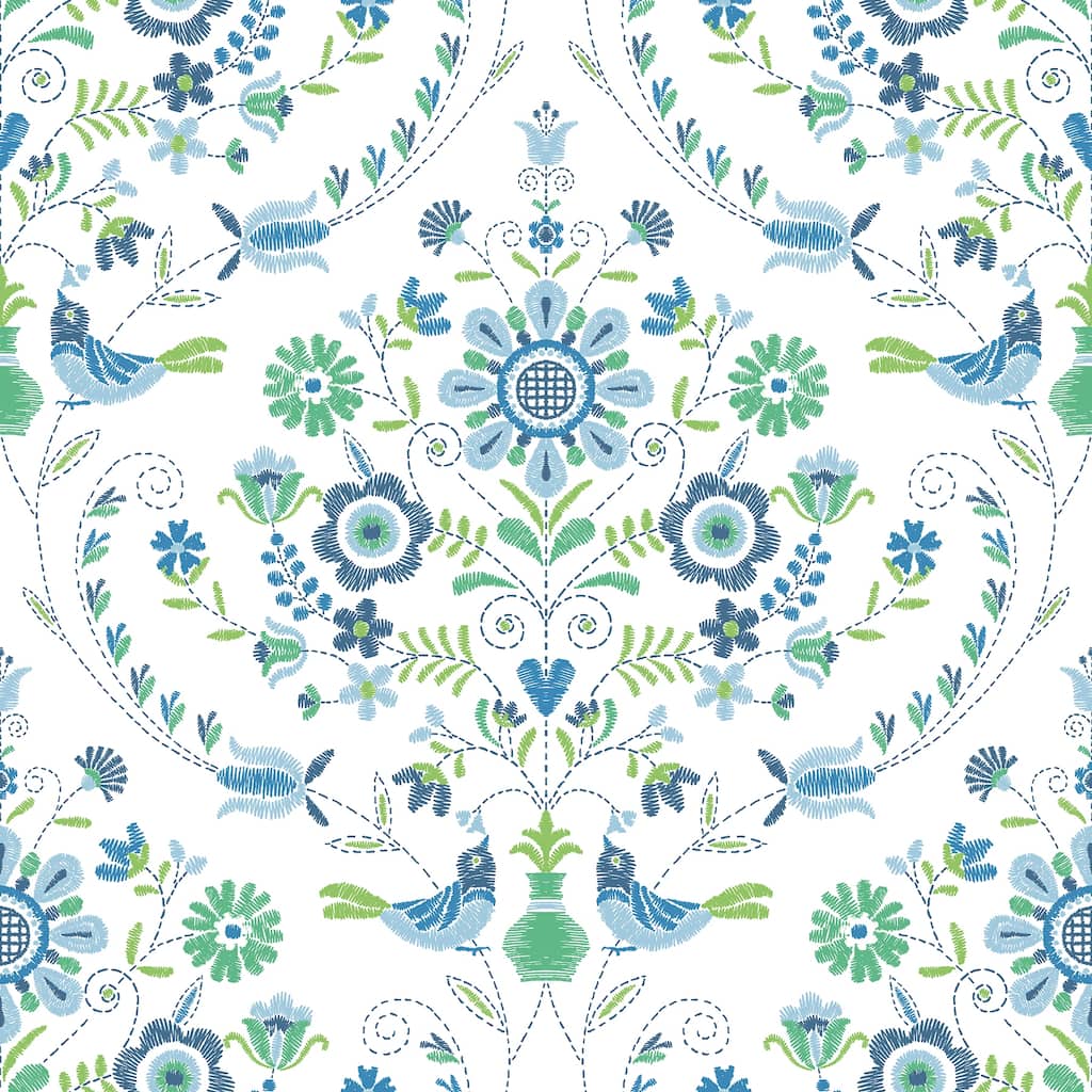 A-Street Prints Britt Sapphire Embroidered Damask Wallpaper