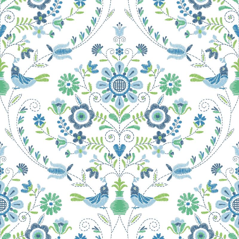 A-Street Prints Britt Sapphire Embroidered Damask Wallpaper