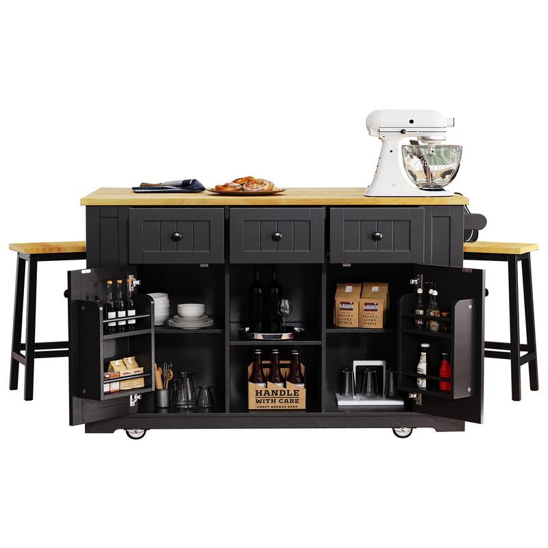 Large Kitchen Island with 2 Bar Stools, Power Outlet, Kitchen Storage Cart with Drop Leaf, 5 Open Side Racks, 3 Drawers