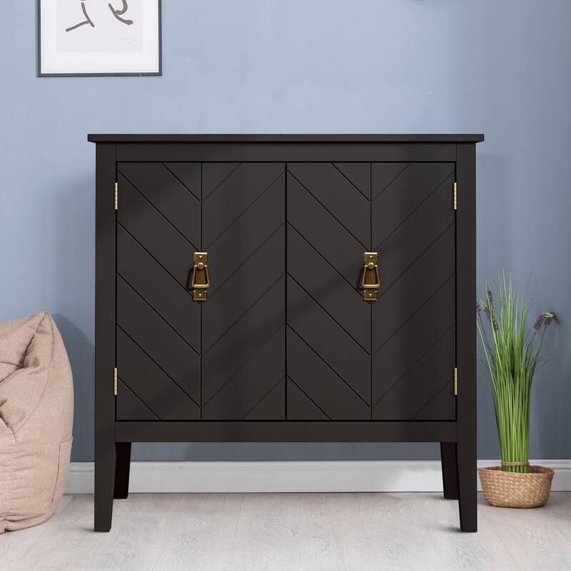 Modern Elegant Wooden Storage Cabinet with Antique Brass Coloured Metal Handles - Black