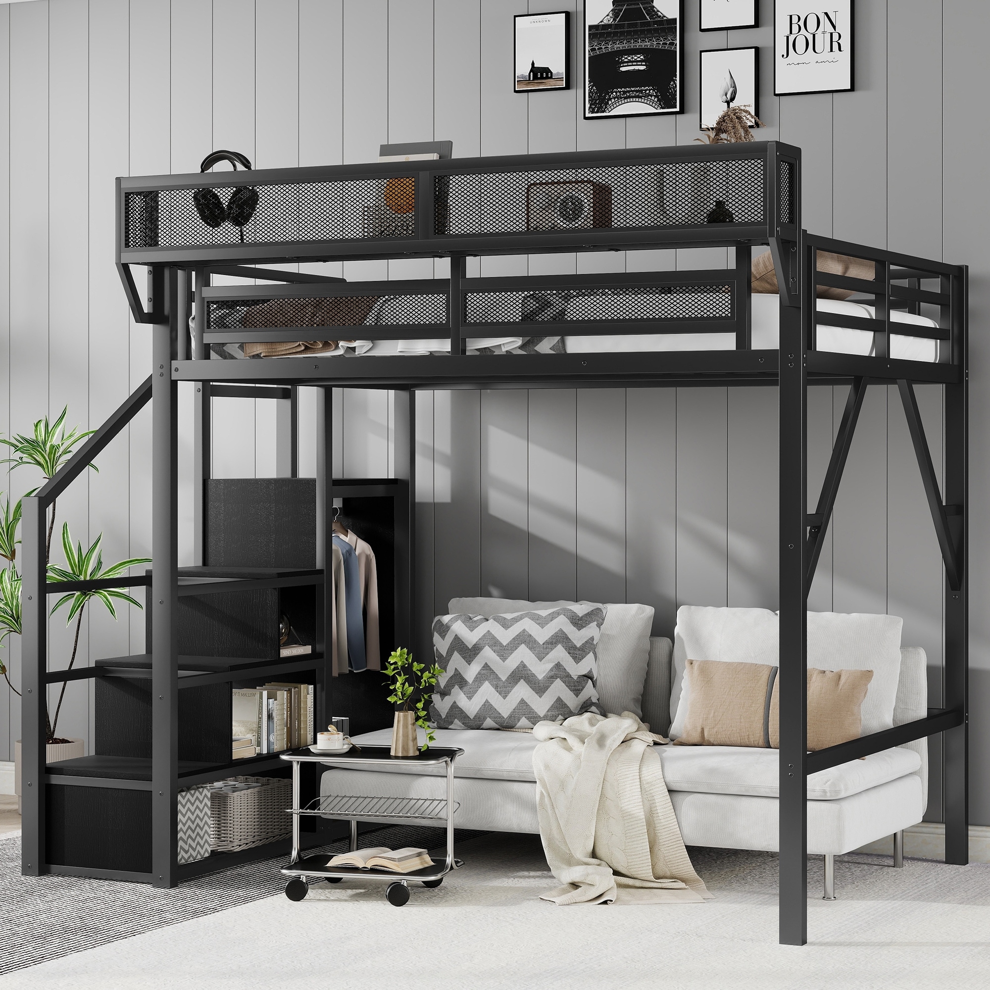 Full Size Black Loft Bed with Stairs Storage Shelves, High Loft Bed w/ Wardrobe