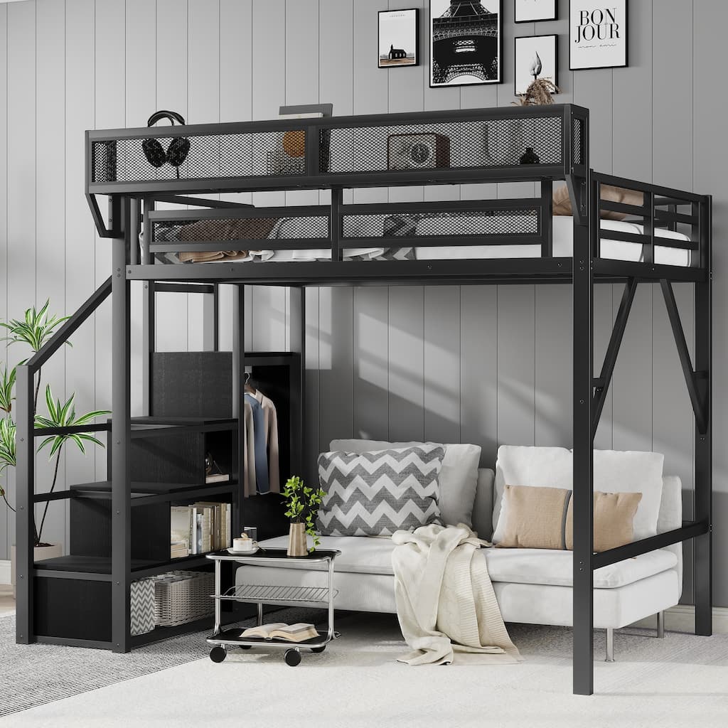 Full Size Black Loft Bed with Stairs Storage Shelves, High Loft Bed w/ Wardrobe