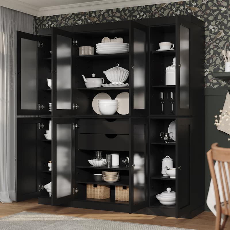 Palace Imports 100% Solid Wood 65" Pantry Cabinet with Frosted Glass, Shaker Doors, 2-Drawers and Adjustable Shelves