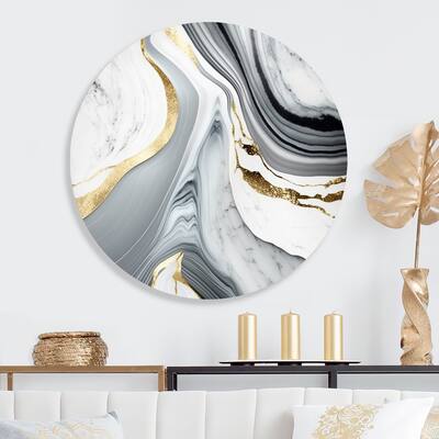 Designart 'Abstract Geode Marble Waves Grey II' Modern Metal Round Wall Art