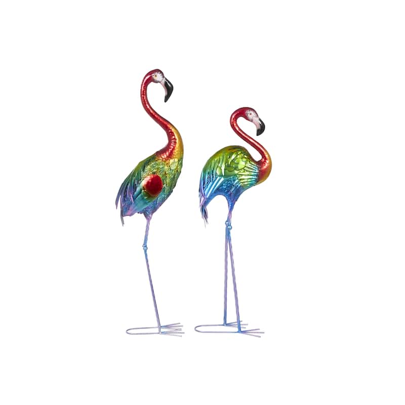 Metal Flamingo Tall Textured Rainbow Garden Sculpture - Set of 2 Multi Colored - Roche River Decor