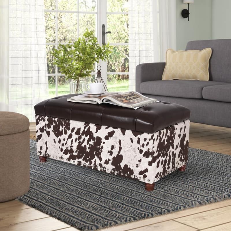 Adeco Rectangular Storage Ottoman Tufted Faux-Leather Bench Lifted Top