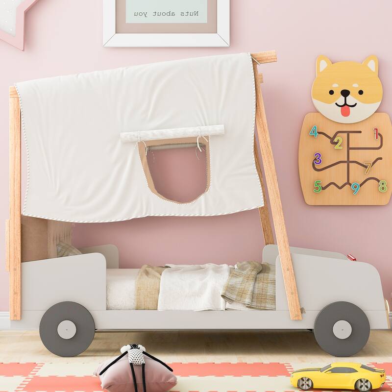 Wood Twin Size Car Bed with Pillow, Ceiling Cloth and LED