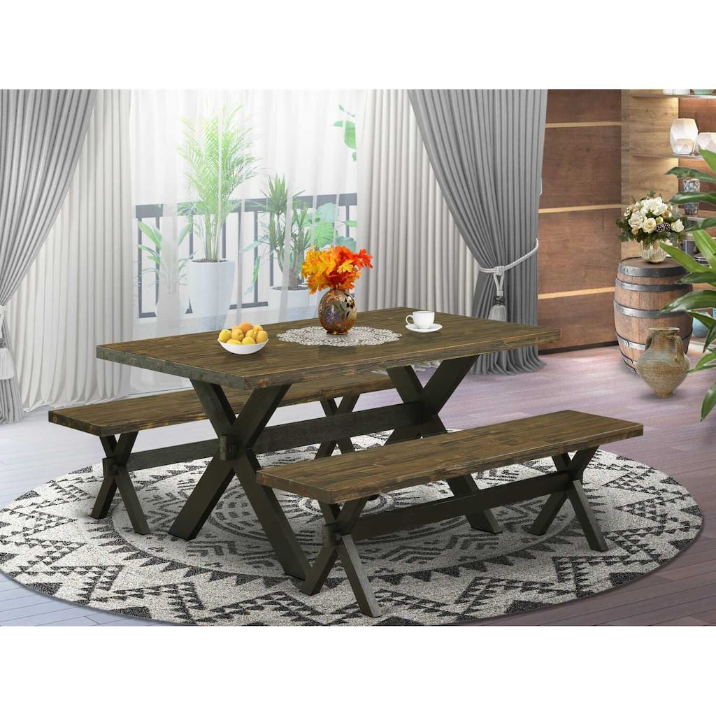 HomeStock 3-Piece Rectangle Distressed Jacobean Finish Solid Wood Top Dining Table with 2-Benches