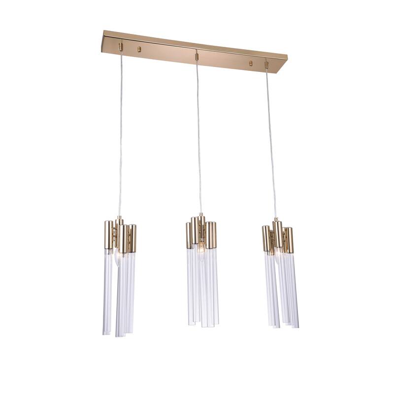 3-Light L31.4" Gold Frame Three Light Pendant Fixture with Clear Glass Tubing