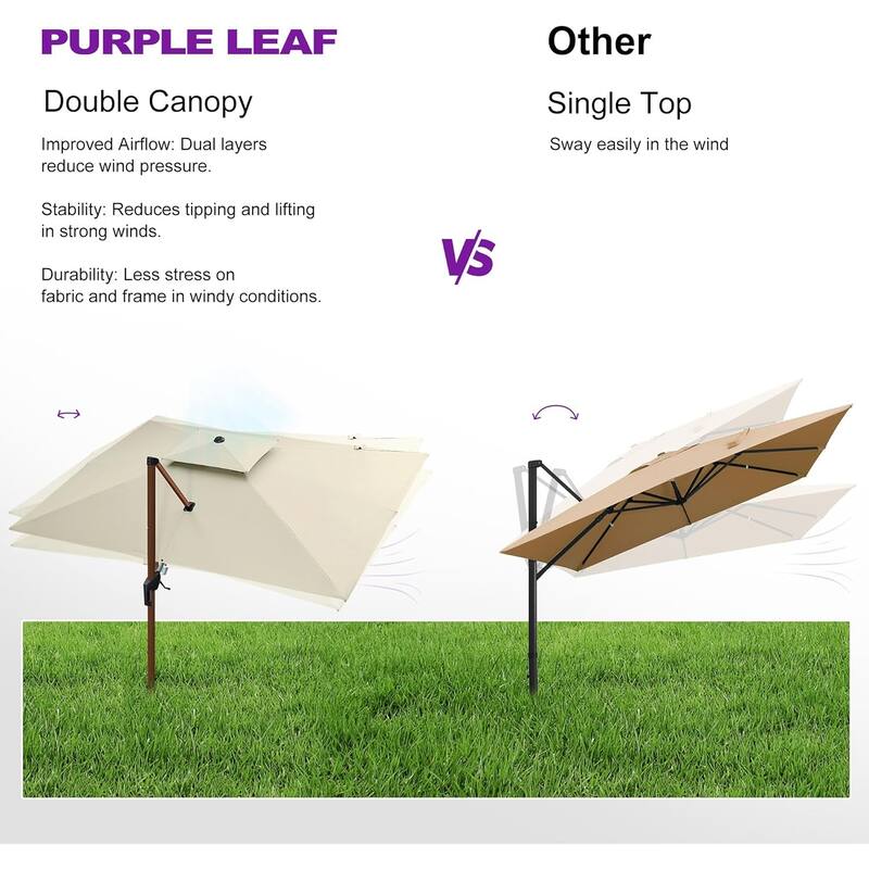PURPLE LEAF 9x12/10x13ft Rectangular Patio Cantilever Umbrella in Wood Color