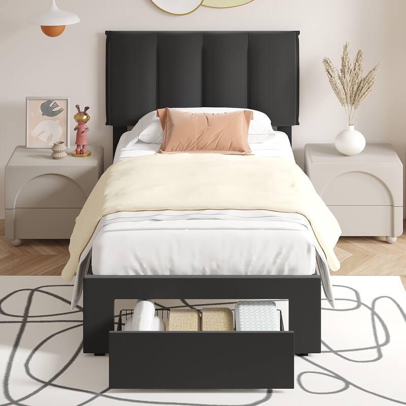 VECELO Set of 2 Kids Bed Frame with Storage Drawer Height Adjustable Upholstered Bed Twin Size Bed