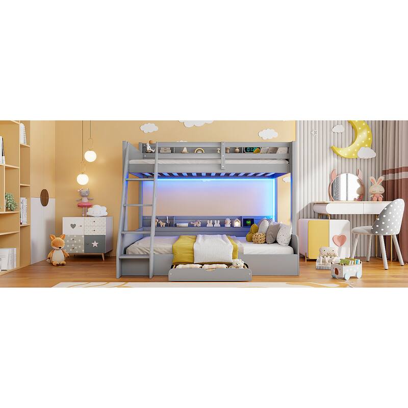Roomfitters Twin Over Full Bunk Bed with Storage Shelves, LED and Charging Station