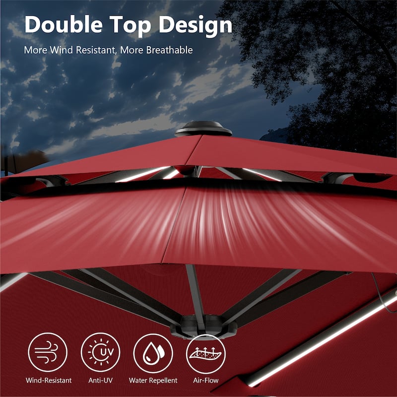 MAISON ARTS 13ft Double-Sided Outdoor Umbrella, 2-Tier Vented Market Umbrella with Colored Lights and Base