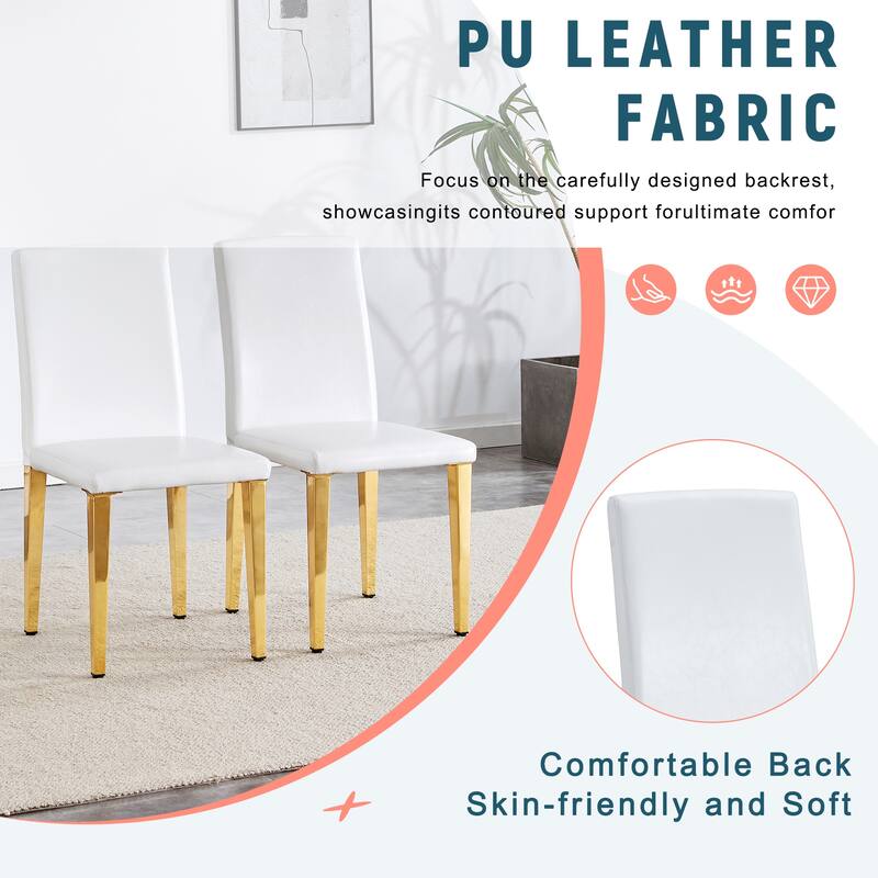 Set of 4 white PU leather backrest chairs with gold metal legs -A perfect match, suitable for minimalist