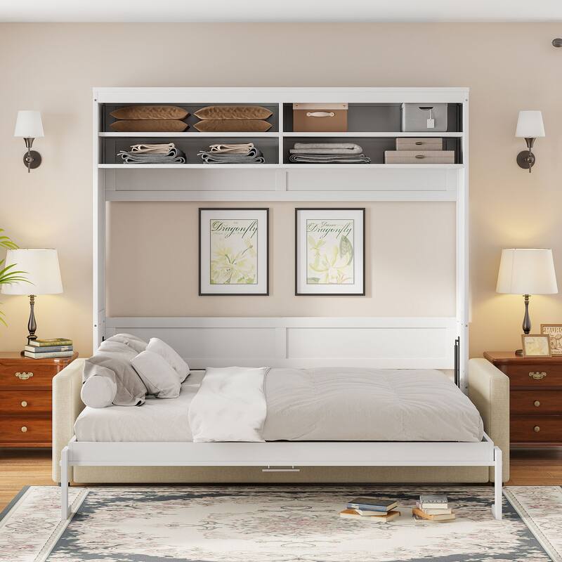 Foldable Canbinet Bedframe Storage Murphy Bed Queen Size Wall Bed with Integrated Linen Upholstered Sofa and Open Shelves