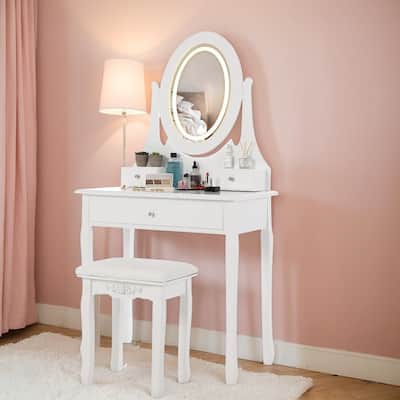 White Vanity Table with Oval Mirror and LED Lighted