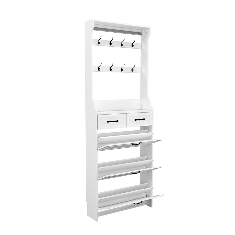Anmytek Multifunctional White Shoe Cabinet 3 Doors 2 Drawers with Hanger Large Storage Space