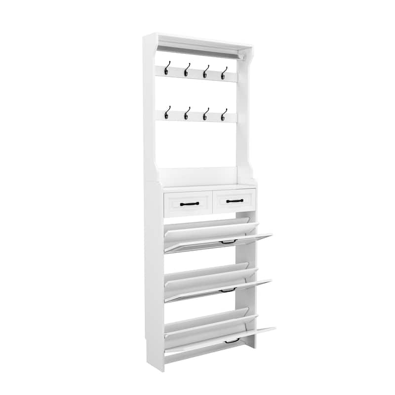 Shoe Cabinet with Hanger, Slim Hidden Shoe Rack Cabinet, Narrow Shoe Cabinet with 3 Flip Drawers & 2 Sliding Drawers