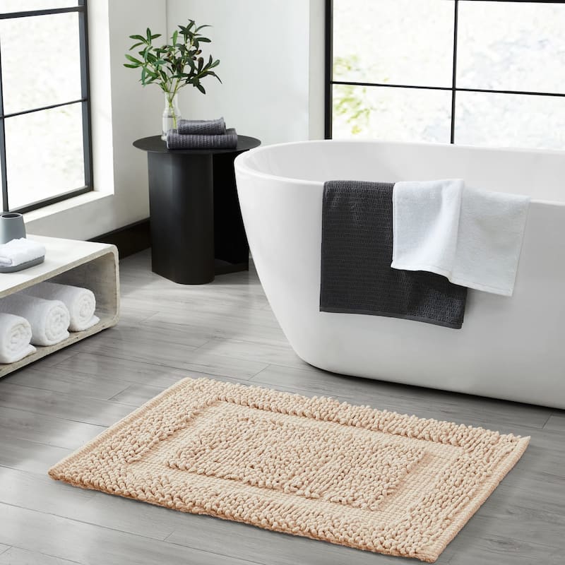 Sophie Border Ultra-plush Chenille Non-Slip Cotton Bath Mat - 20 x 32 - Ivory