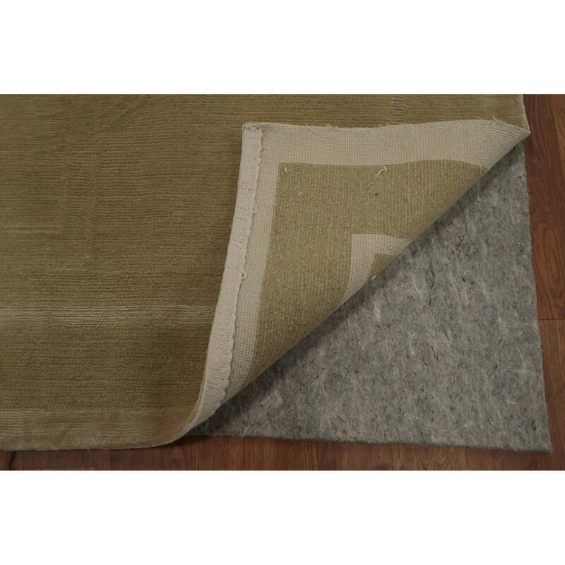 Hand Knotted Oriental Wool & Silk Carpet Modern Geometric Beige & Ivories Nepalese Area Rug - 10' 0'' X 8' 1''