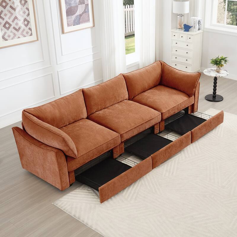 Rossetta 3-Seater Crescent Armrests Sofa with Pull-Out Storage Drawers and Wraparound Cushions in Classic Color Chenille