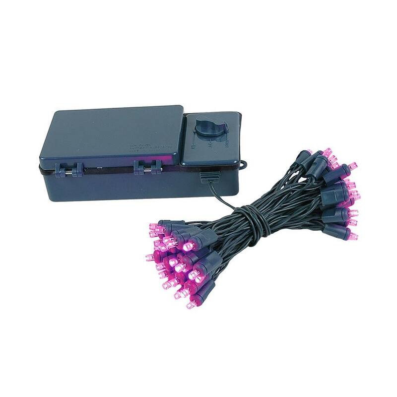 50 Light LED Battery Christmas Mini Light Set, Green Wire, 18' Long - Pink
