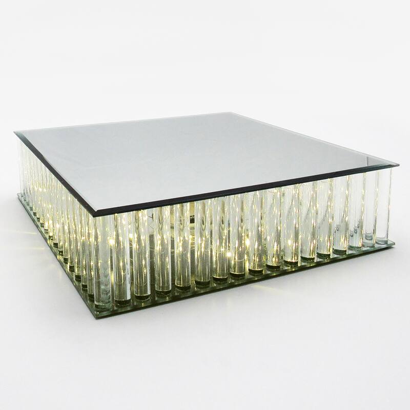 Square Mirror LED Fairy Light Up Glass Columns Cake Stand Dessert Display Tray Riser - 14" W x 14" DP x 4" H - Clear