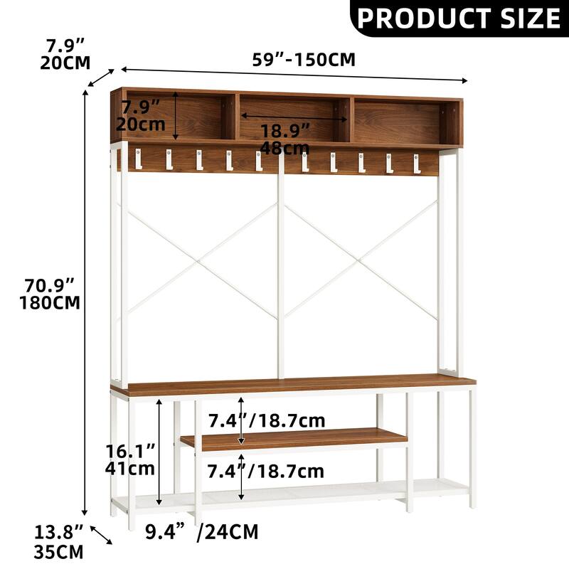 Moasis Industrial Entryway Bench with Coat Rack, 5-in-1 Hall Tree with Shoes Storage
