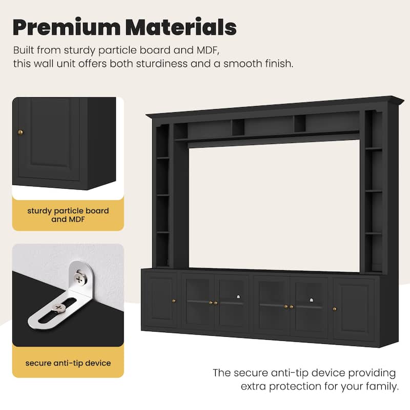92 inch Media Console TV Stand for TVs up to 80", Modern Entertainment Wall Unit with Bookshelves & Tempered Glass Doors