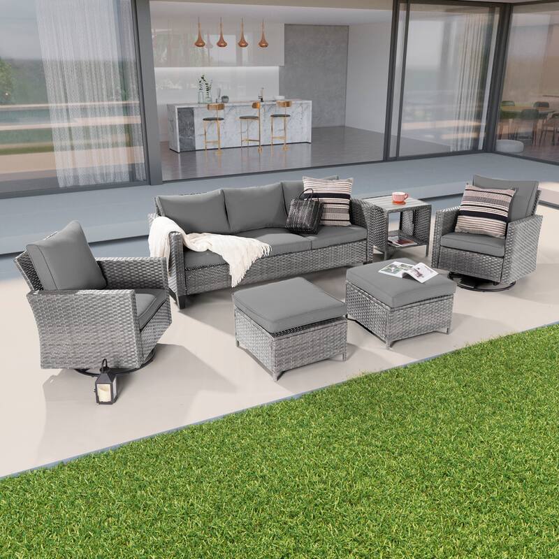 BONOSUKI 6Pcs Patio Swivel Rocking Sofa Set Grey Rattan w/Side Table - Grey
