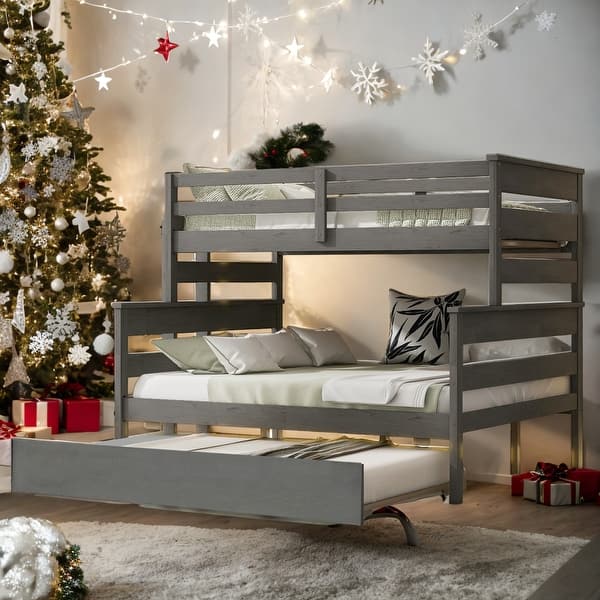 slide 2 of 12, Wood Twin over Full Bunk Bed with Twin Size Trundle Grey