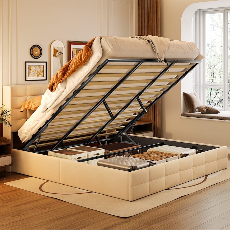 Lift Up Storage Bed Frame, Upholstered Platform Bed Frame with Hydraulic Storage System and Headboard - Beige - King