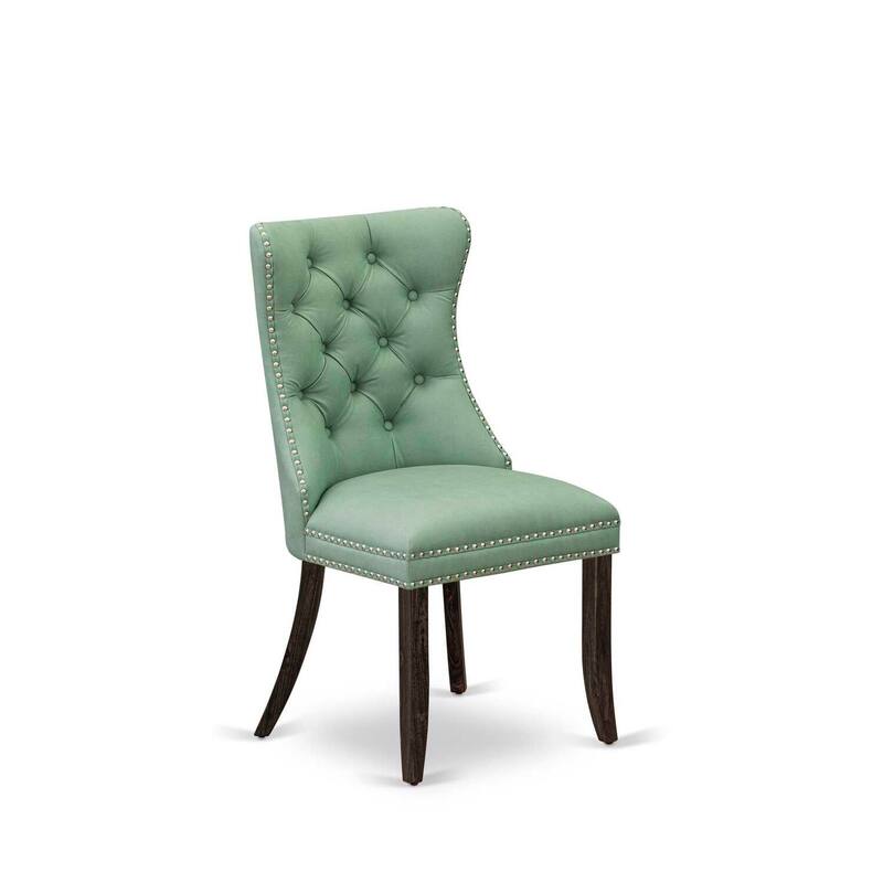 Parsons Dining Chairs Set of 2 - Tufted Faux Leather Accent Chairs - Green Nailhead Trim - Distressed Wood Legs
