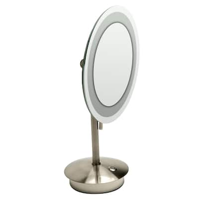 ALFI brand ABM9FLED-BN Modern Tabletop Round 9" 5x Magnifying Cosmetic Mirror with Light - Brushed Nickel - Brushed Nickel