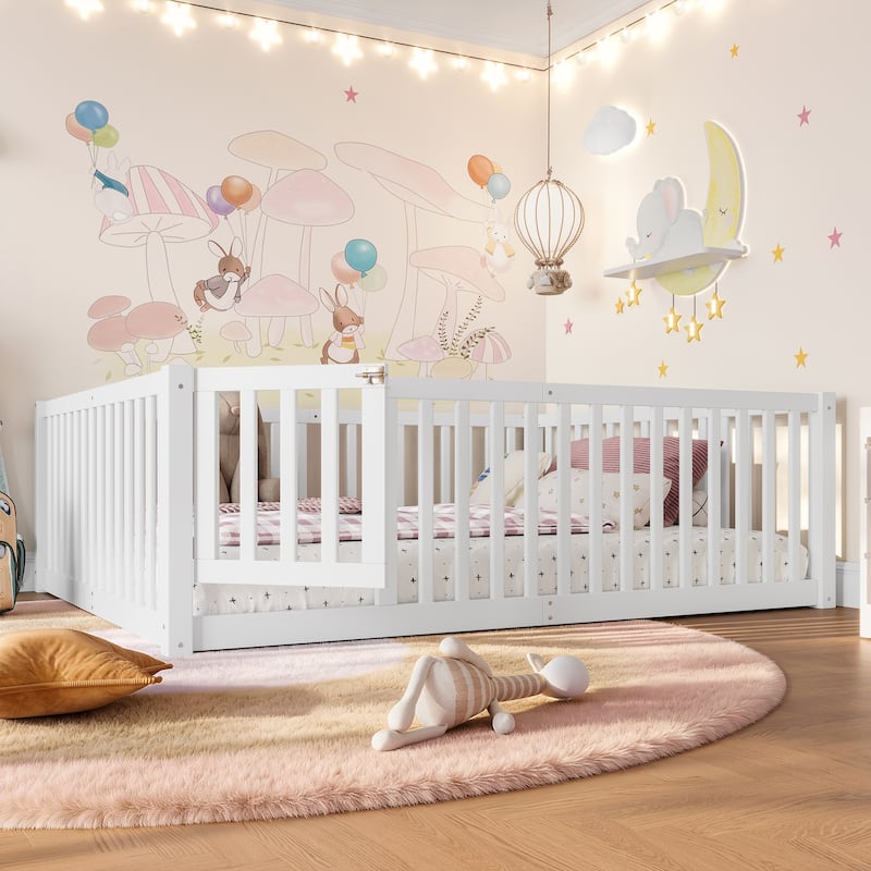 Montessori Floor Bed with Safety Guardrails & Door, Kids Low Profile Frame, Available in Queen/Full/Twin