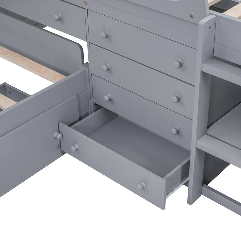 L-shaped Space-Saving Loft and Platform Bed with 7 Drawers and Guardrails