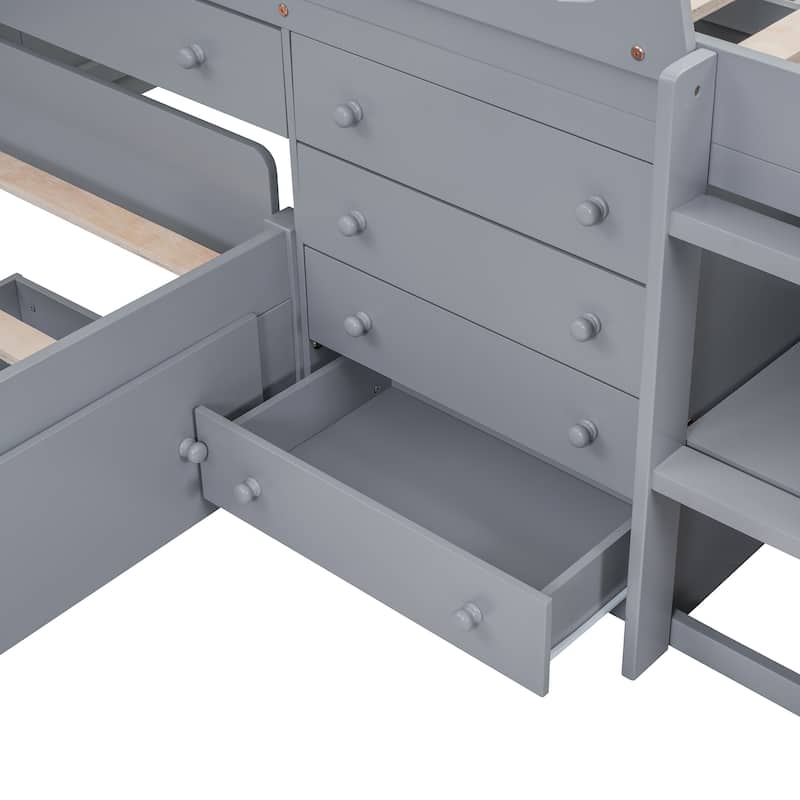 L-shaped Twin Bunk Bed, Loft and Platform Bed with 7 Drawers and Full Guardrails